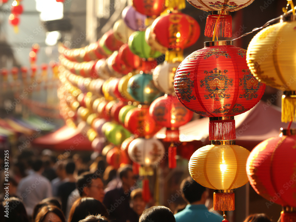 Naklejka premium Vibrant chinese new year lanterns illuminate bustling street market with festive atmosphere and crowds of people celebrating