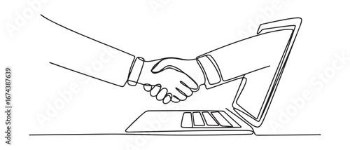 Continuous line drawing of business men shaking hand to deal a project. Hand come out from laptop screen. Vector black silhouette. with white background