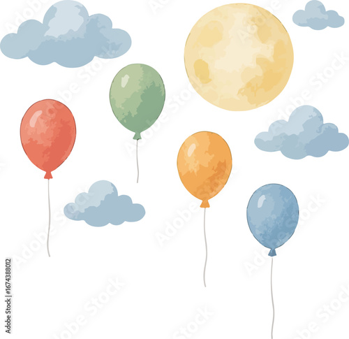 Watercolor moon,balloons, clouds