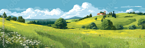 cartoon illustration of natural meadow with flowers and hut and blue sky with clouds. vector landscape illustration