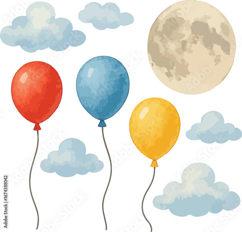 Watercolor moon,balloons, clouds