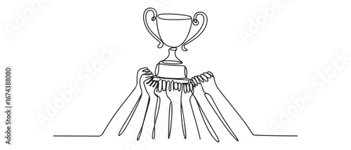 Continuous one line drawing golden trophy held by many hands. Symbol of winning championships, matches and sports competitions. Vector black silhouette. with white background