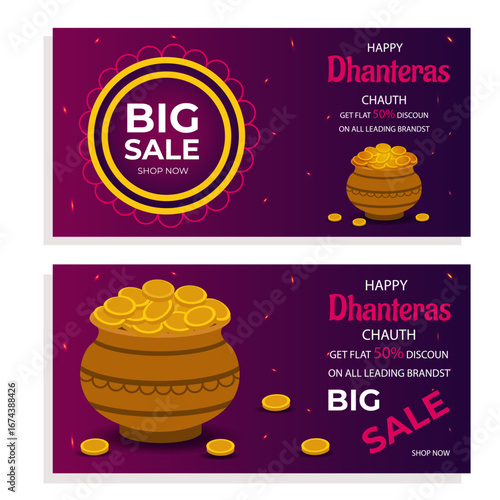 Description: Festive Dhanteras sale banners with bright purple background, golden coins, and clay pot full of wealth. Big SALE with 50% discount offer invites shoppers to celebrate Diwali savings