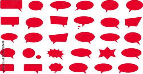 Collection of red speech bubbles and thought balloons in various shapes for graphic design and creative projects.
