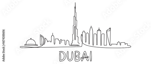One continuous line drawing of Dubai city skyline United Arab Emirates. Beautiful city landmark. World landscape tourism and travel. Vector black silhouette. with white background