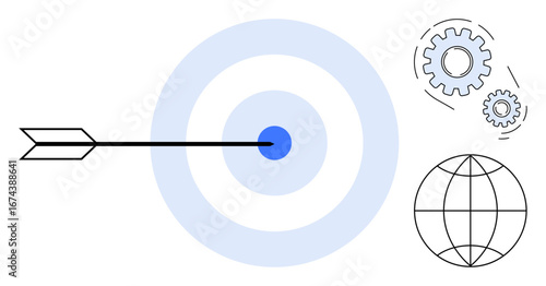 Arrow striking bullseye with gears and globe, representing accuracy, planning, and worldwide goals. Ideal for concepts thumbs up success, teamwork, innovation, leadership, focus strategy