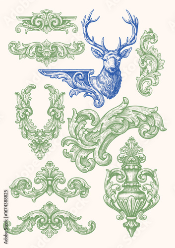 Vintage ornamental illustration featuring decorative baroque elements, floral flourishes, ornate frames, and a majestic stag head.