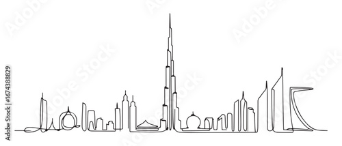 One continuous line drawing of Dubai city skyline United Arab Emirates. Beautiful city landmark. World landscape tourism and travel. Vector black silhouette. with white background