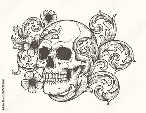 Detailed vintage skull illustration with floral decorations and ornate baroque elements, featuring elegant flourishes, curls, and patterns.