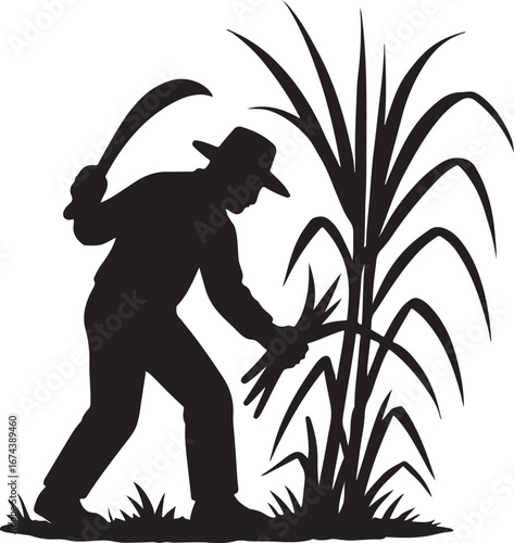 Silhouette of a man in a hat harvesting sugarcane with a machete farmer agriculture