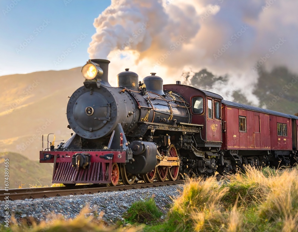 Obraz premium Vintage steam train on a scenic mountain railway
