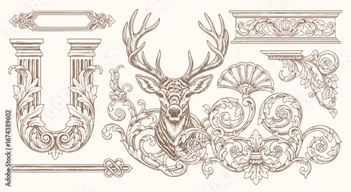 Vintage ornamental illustration featuring decorative baroque elements, floral flourishes, ornate frames, and a majestic stag head.