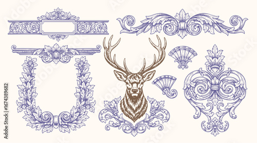 Vintage ornamental illustration featuring decorative baroque elements, floral flourishes, ornate frames, and a majestic stag head.