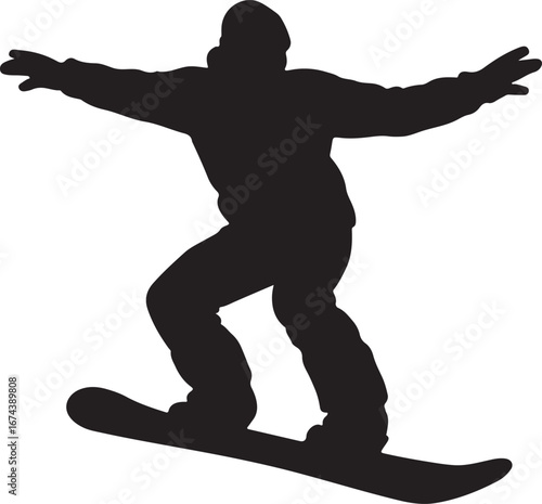 Black silhouette of a snowboarder in action on a white background vector