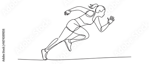 One continuous line drawing of young woman athlete runner focus sprint run. Individual sport, competitive concept. Vector black silhouette. with white background