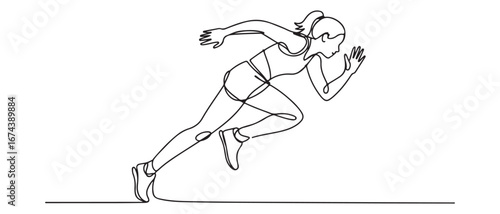 One continuous line drawing of young woman athlete runner focus sprint run. Individual sport, competitive concept. Vector black silhouette. with white background