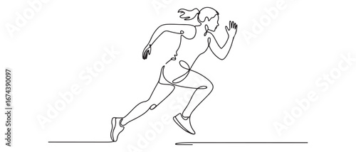One continuous line drawing of young woman athlete runner focus sprint run. Individual sport, competitive concept. Vector black silhouette. with white background