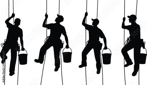 Silhouette of industrial window cleaners, rope access workers, cleaning high-rise buildings, suspended workers, construction maintenance, safety gear, urban job