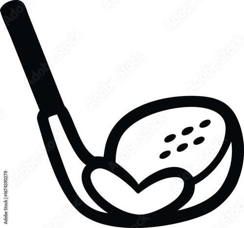 Black and white icon of a golf club and ball with dimples sport game