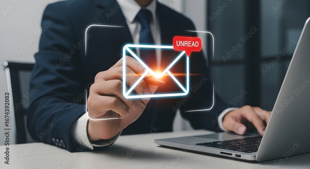A businessman checking his unread email notifications on a virtual interface. Corporate communication and email marketing. A manager using a laptop to read important business messages.