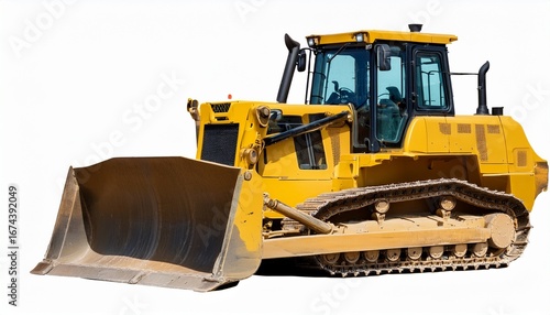 yellow heavy construction bulldozer with front loader bucket on isolated background cut out