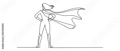 Single continuous line drawing superhero in cloak flutters in wind. Stands with her back. Successful businesswoman hero. Vector black silhouette. with white background