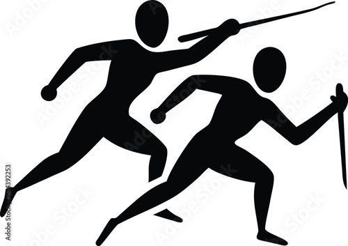 Silhouettes of two abstract figures engaged in a biathlon with a rifle and ski poles winter sport