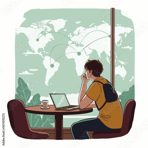A young man contemplates global connections while working on his laptop in a cafe overlooking a world map.