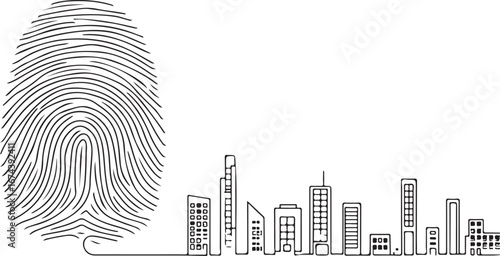 Black and white line art fingerprint merged with city skyline urban architecture