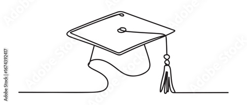One continuous line drawing of graduation cap. Academical graduation hat equipment element icon template concept. Vector black silhouette. with white background