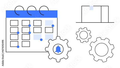 Calendar with marked dates, notification bell inside gear, document form, and cogwheels. Ideal for productivity, planning, workflow, automation, efficiency scheduling simple landing page