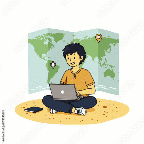 Young man with laptop on a sandy beach with a world map behind him, planning a global journey.