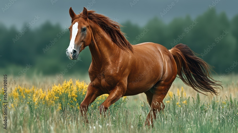 Fototapeta premium Majestic chestnut horse galloping through a vibrant meadow with wildflowers on a cloudy day