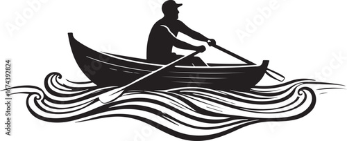 Silhouette of a man rowing a boat through stylized waves water