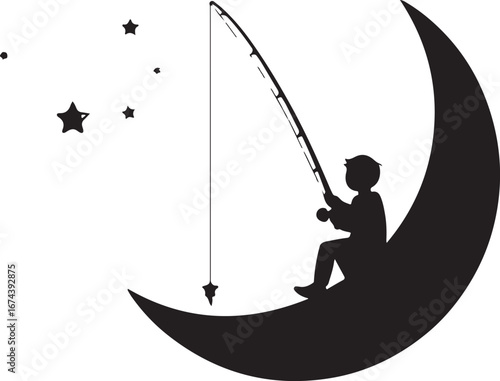 Silhouette of a boy fishing from a crescent moon with stars in the night sky vector