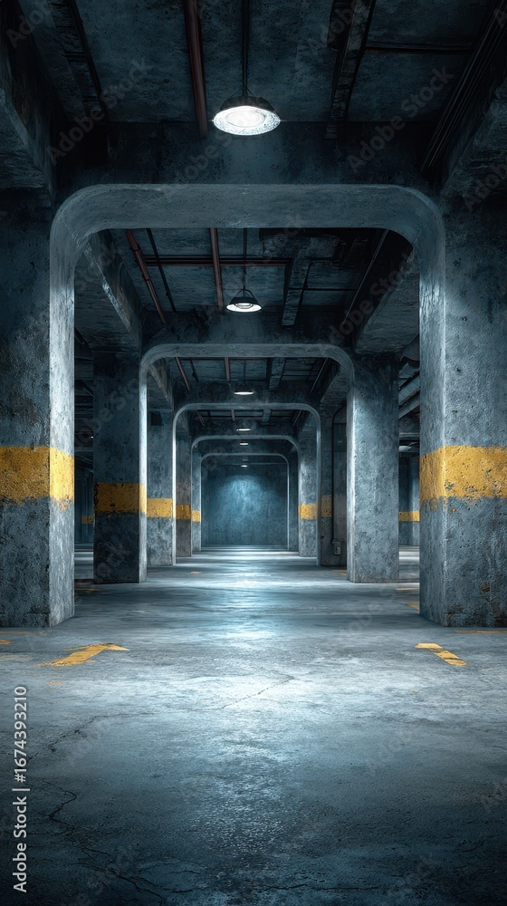 Obraz premium Industrial parking garage with concrete pillars and yellow stripes under dim lighting