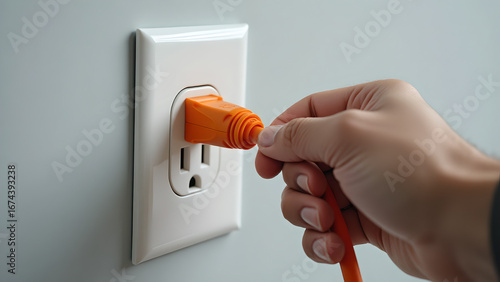 Hand Plugging Orange Electrical Extension Cord into White Wall Socket, Close-Up Household Power Connection