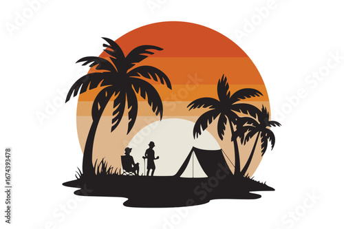Silhouetted tropical beach scene with palm trees and tent at sunset