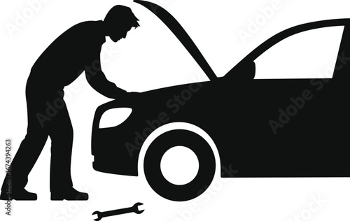 Silhouette of mechanic checking car engine, automotive repair scene, vehicle maintenance, car troubleshooting, wrench tool, man fixing automobile hood