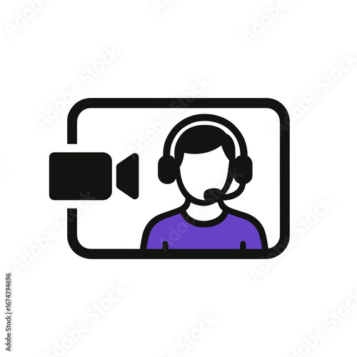 Video call support icon featuring a person with headset in a screen frame on transparent background