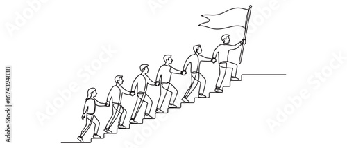 Single continuous line drawing of team members holding hands together following their leader who hold flag climbing up stairs step by step. Vector black silhouette. with white background