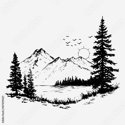 Lake Vintage Design Element Graphic, Adventure Mountain Climbing Forest Lake Simple Silhouette Graphic