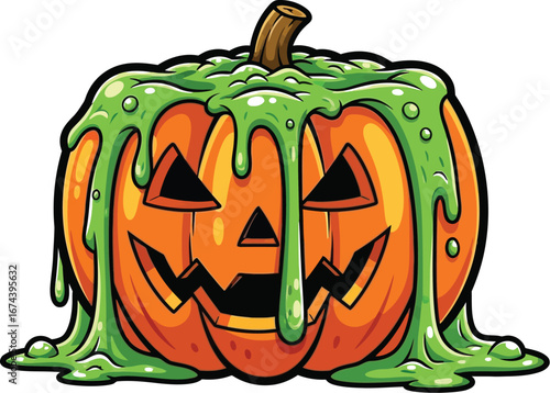 Cartoon halloween pumpkin with slime dripping down isolated on a white background