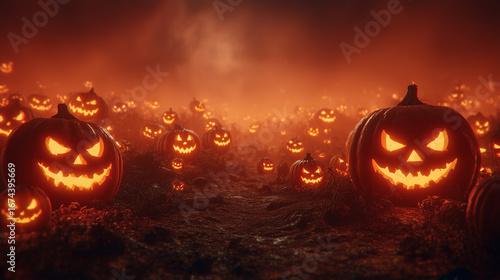 Creepy pumpkin patch with carved jack-oâ-lanterns glowing in fog