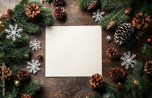 Blank Card Surrounded by Pine Branches and Pine Cones for Festive Designs.