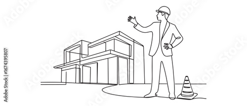 One continuous line drawing of young foreman manager controlling the construction of building. Vector black silhouette. with white background