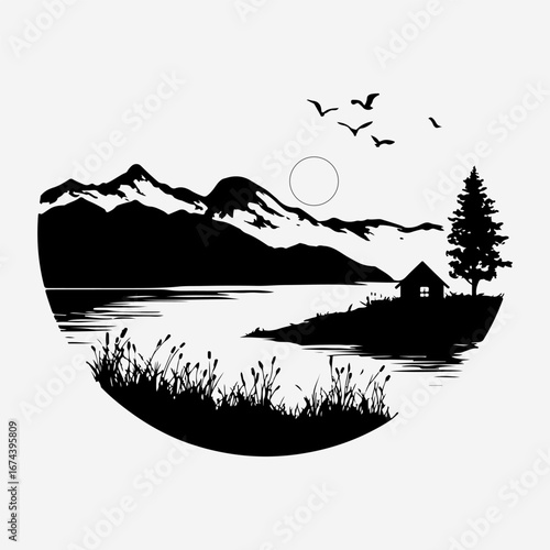 Lake Vintage Design Element Graphic, Adventure Mountain Climbing Forest Lake Simple Silhouette Graphic