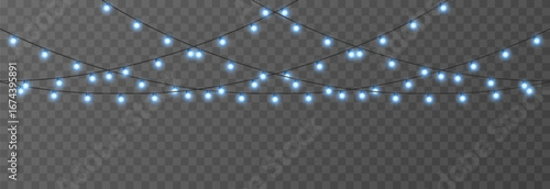 Christmas garland png. Bright Christmas blue lights. Christmas decoration for holiday design.