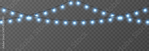 Christmas garland png. Bright Christmas blue lights. Christmas decoration for holiday design.