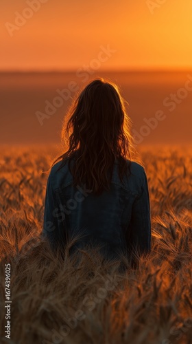 Woman Enjoying a Sunset While Sitting in a Golden Wheat Field During a Quiet ...